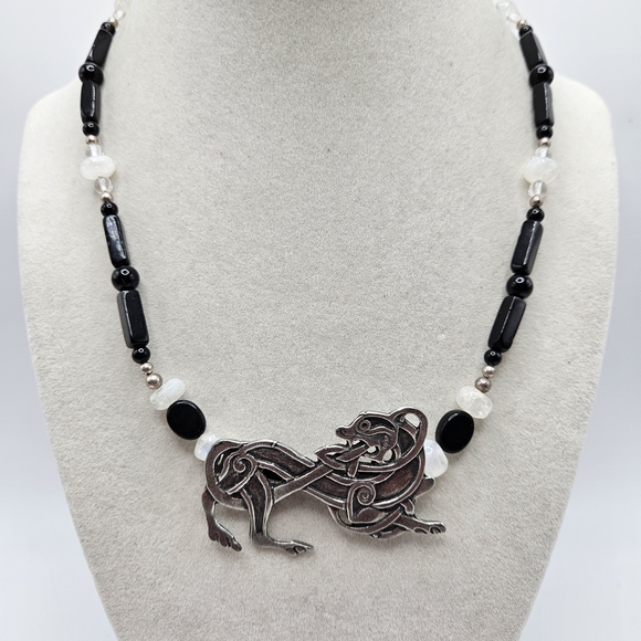 Vintage Jewelry - Viking Norse Lion Pendant Glass Black and White Necklace Sterling Silver Clasp